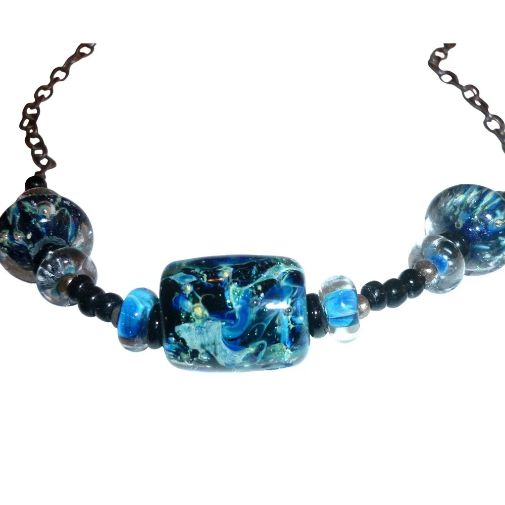 Vintage‎ Murano Style Dichroic Art Glass Bead Necklace Silver Tone Toggle Clasp